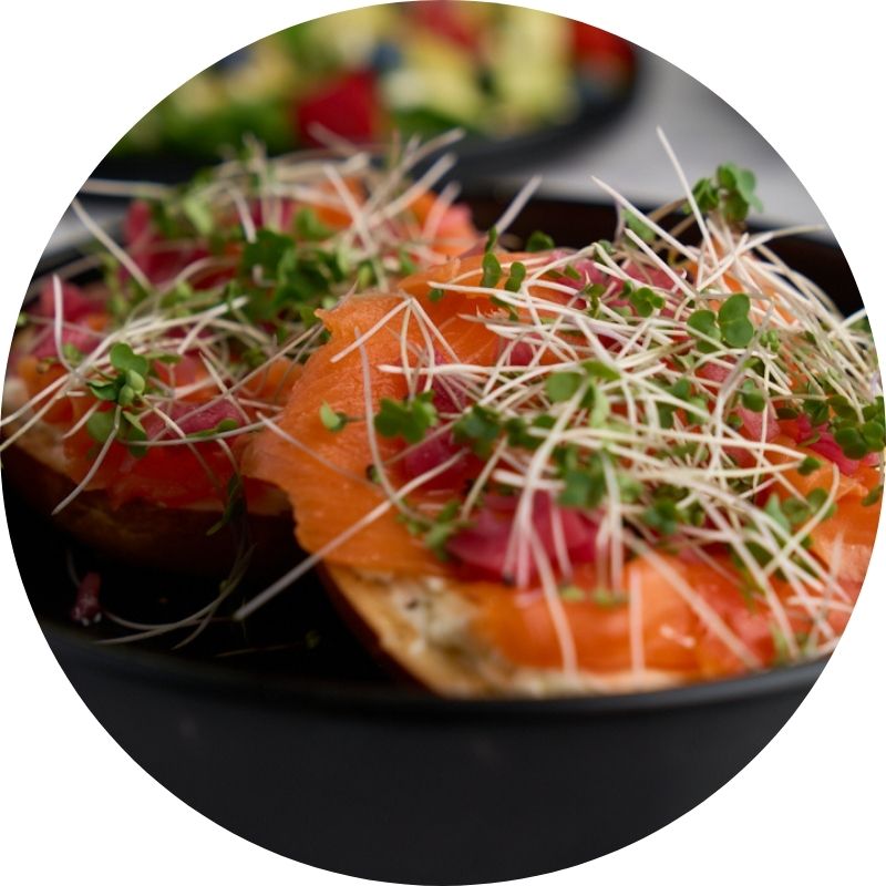 Salmon and microgreens dish from GoodEarth Eatery